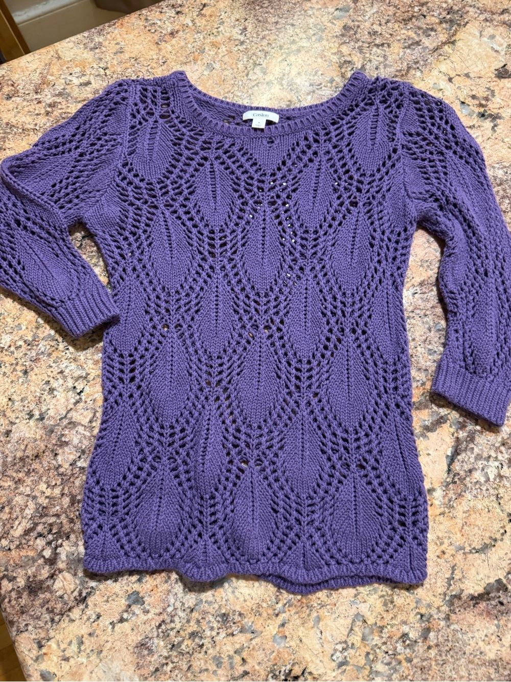 Caslon Purple Crocheted Scoop Neck 3/4 Sleeve Sweater